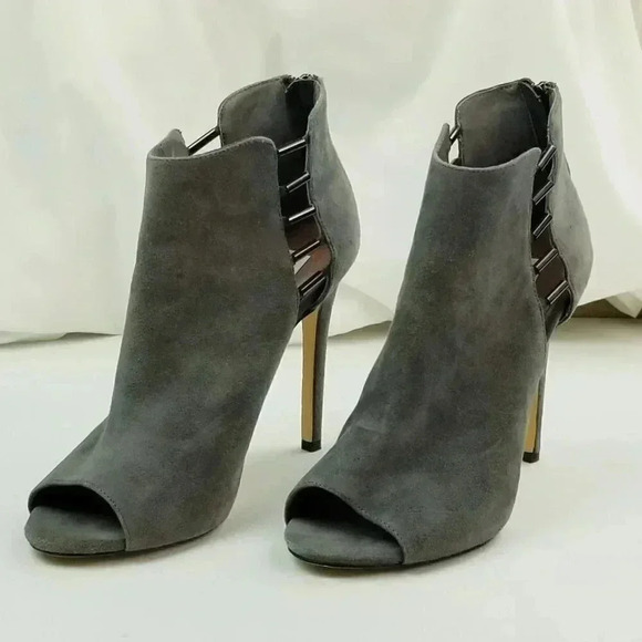 Steve Madden 8.5M Lola Gray Suede Back Zip Open Toe Vented Side Ankle Boots Heel - Picture 9 of 12